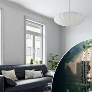 Ljust rum med stora fönster och en närbild på att det immar på insidan av ett fönster