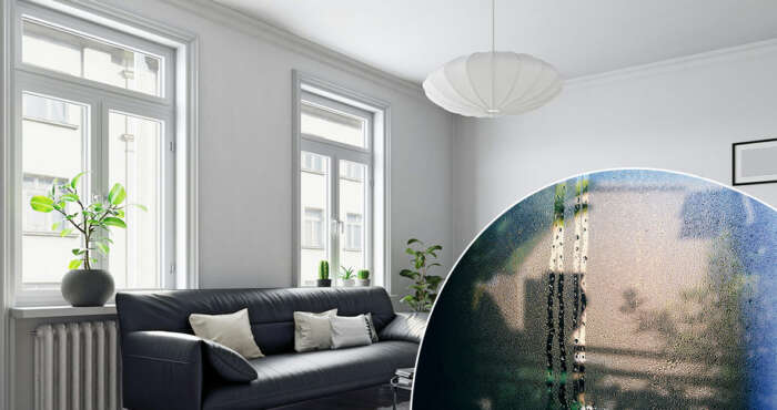 Ljust rum med stora fönster och en närbild på att det immar på insidan av ett fönster