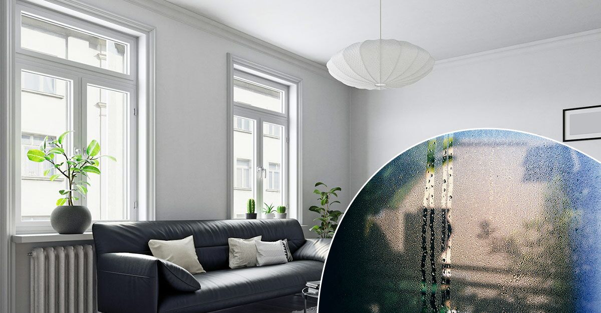 Ljust rum med stora fönster och en närbild på att det immar på insidan av ett fönster